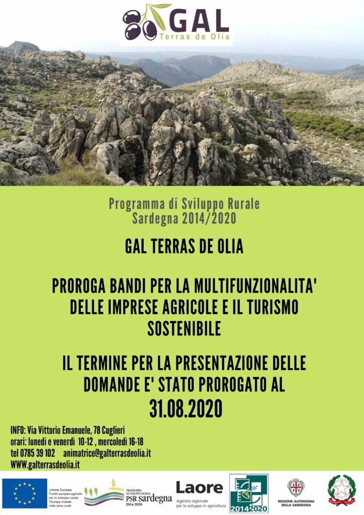 PROROGA AL 31.08.2020 PRESENTAZIONE DOMANDE BANDI PER MULTIFUNZIONALITA’ AGRICOLA E TURISMO SOSTENIBILE