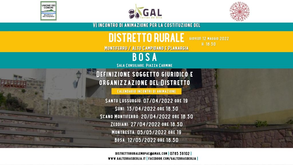 VI INCONTRO DI ANIMAZIONE PER IL COSTITUENDO DISTRETTO RURALE “MONTIFERRU/ALTO CAMPIDANO E PLANARGIA”, A BOSA DOMANI 12 MAGGIO